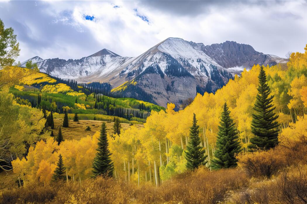 Colorado Rockies in autumn, golden aspens below snow-dusted peaks